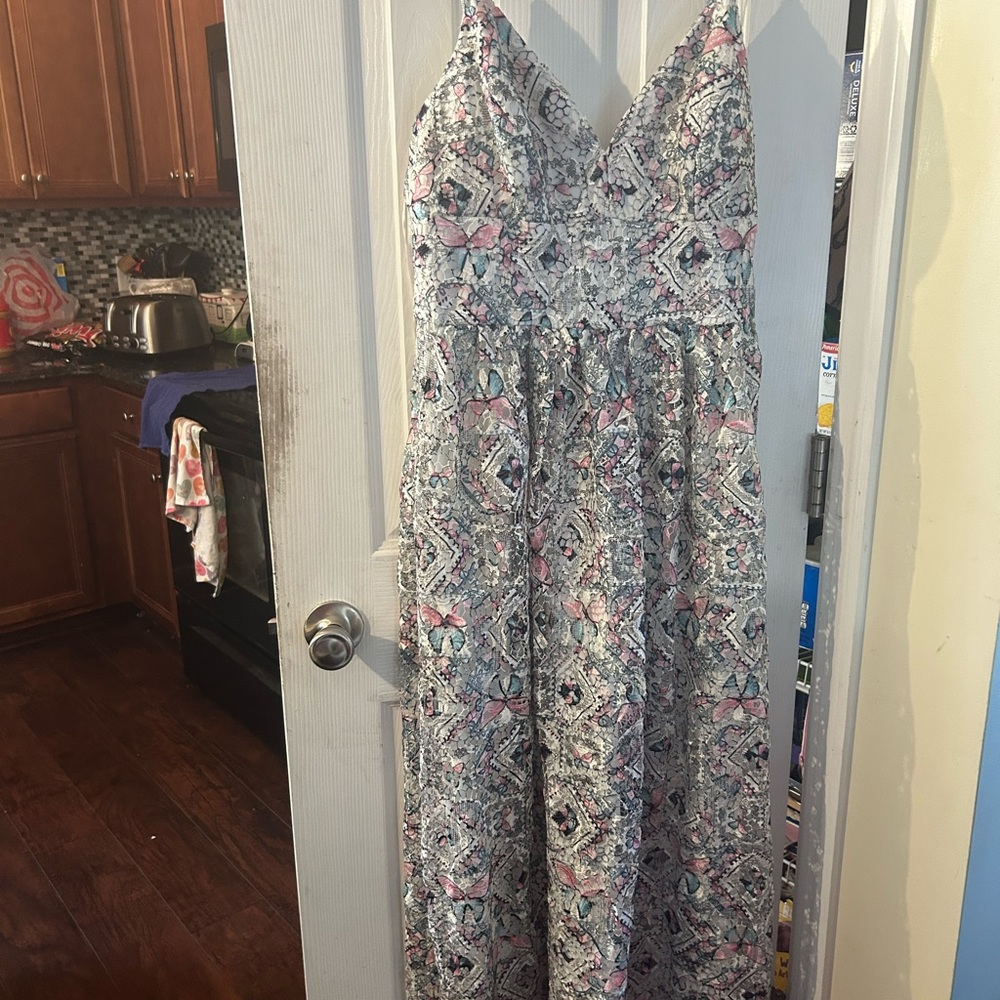 Patterned Maxi Dress with Pink and Gray Accents